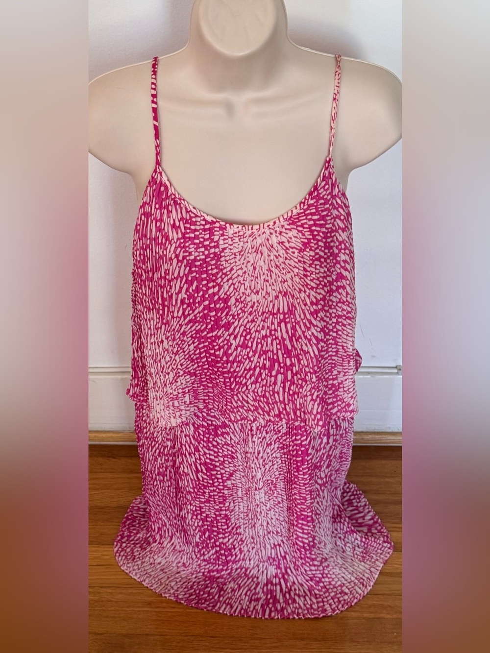 Parker Pink Printed Spaghetti-Strap lined mini dress, size XS tiered boho beach